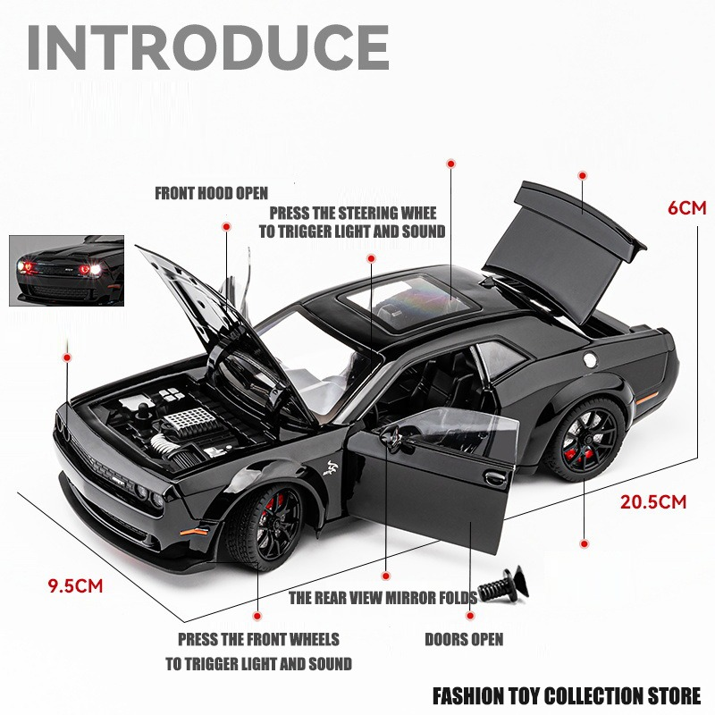 Challenger Hellcat Toy Car Die Cast Metel Cars Toy Pull Back Hellcat Model Cars with Sound and Light Hellc for Kids