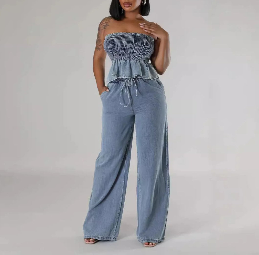 PEPLUM TUBE TOP CARGO DENIM PANTS SET