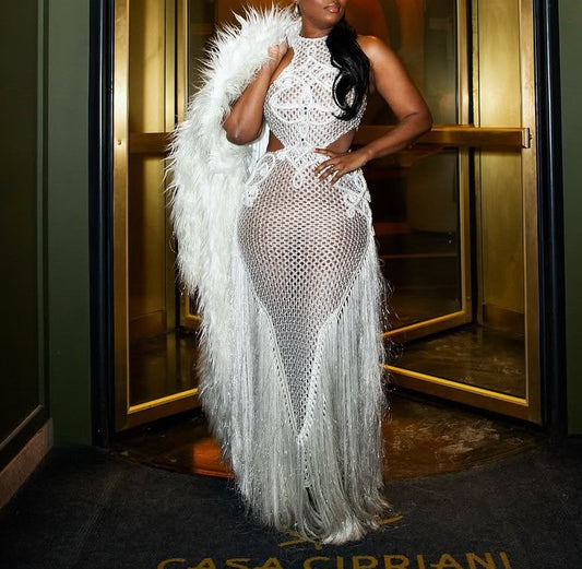 Embroidered hollow sleeveless tassel dress