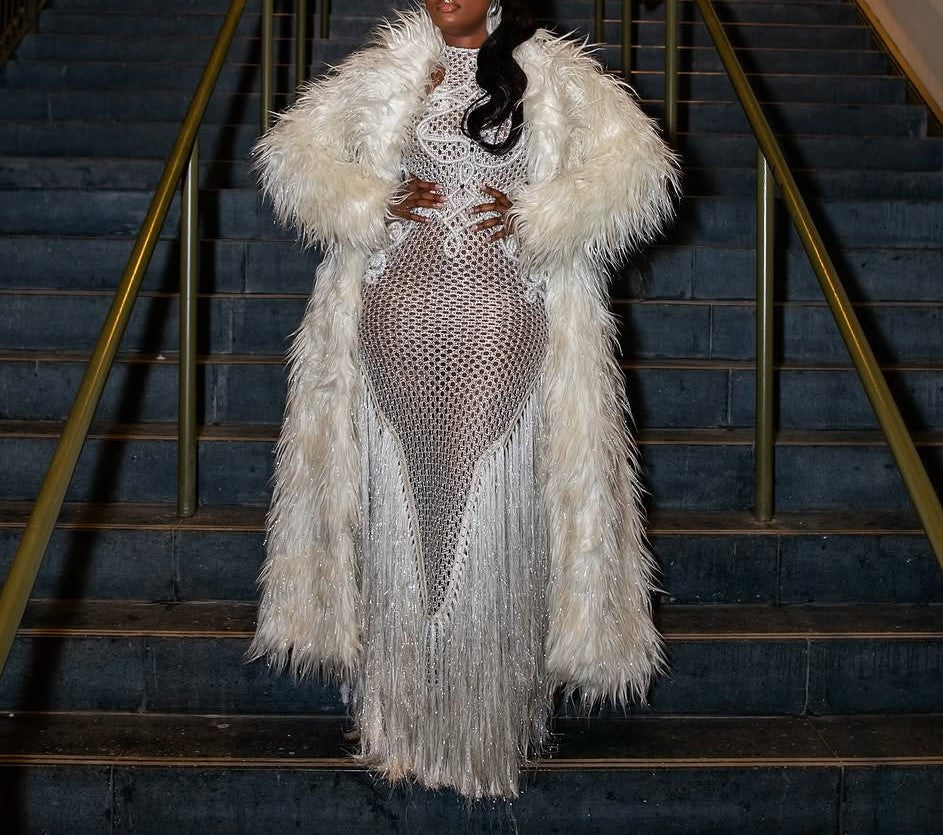 Embroidered hollow sleeveless tassel dress