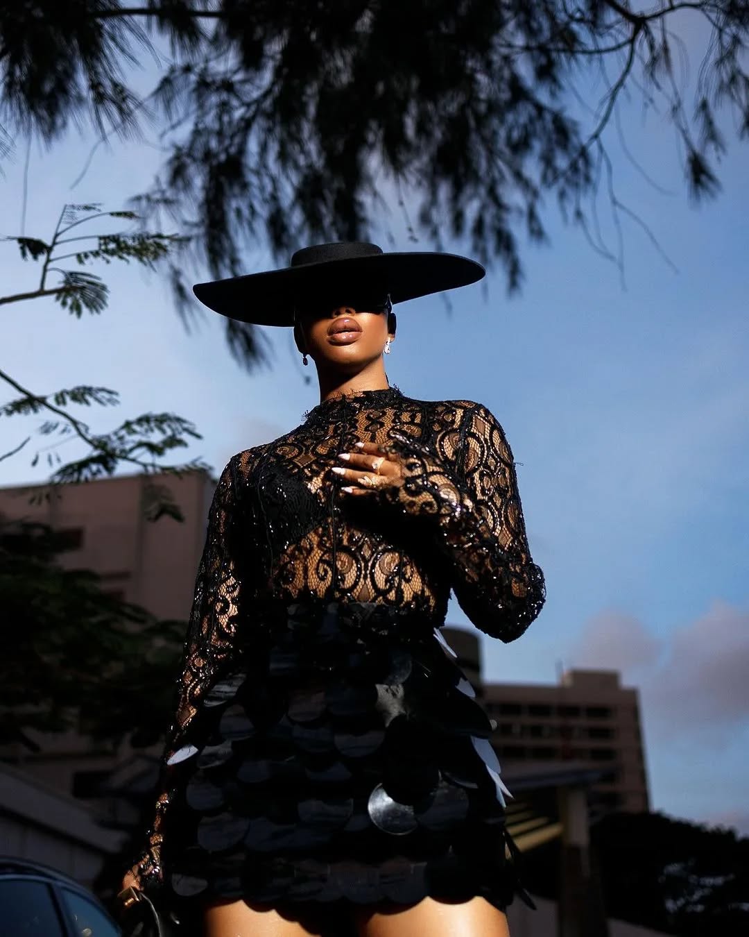 Black lace top and sequined skirt 2 piece set