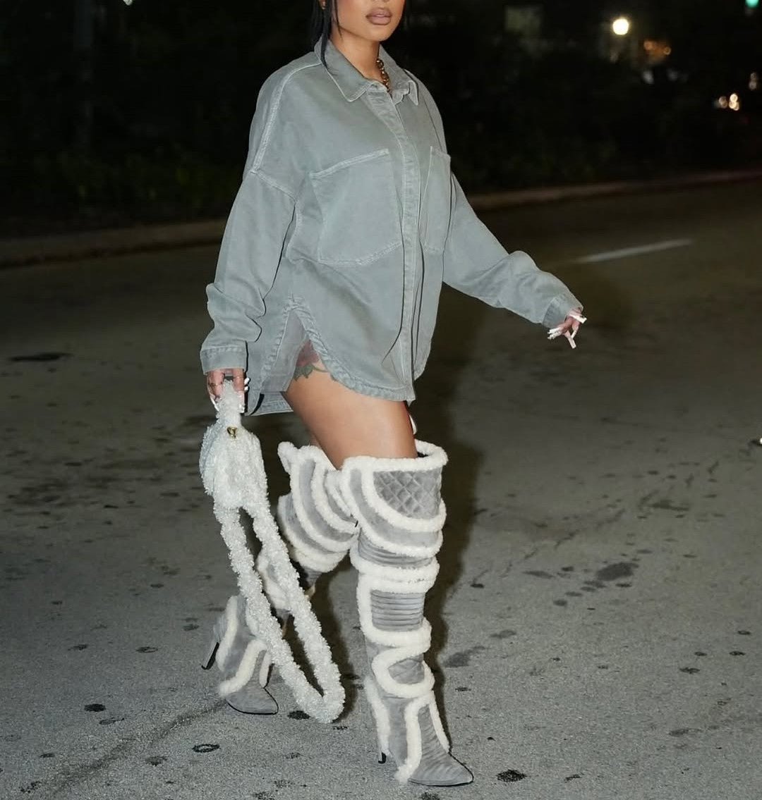 Suede x Shearling Thigh High Boots
