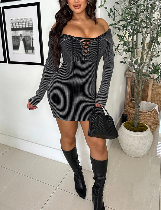 Knitted drawstring mini dress