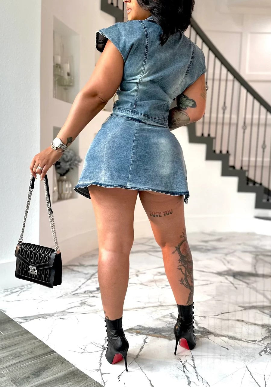 Button Side Slit Denim Skirt Set (New)