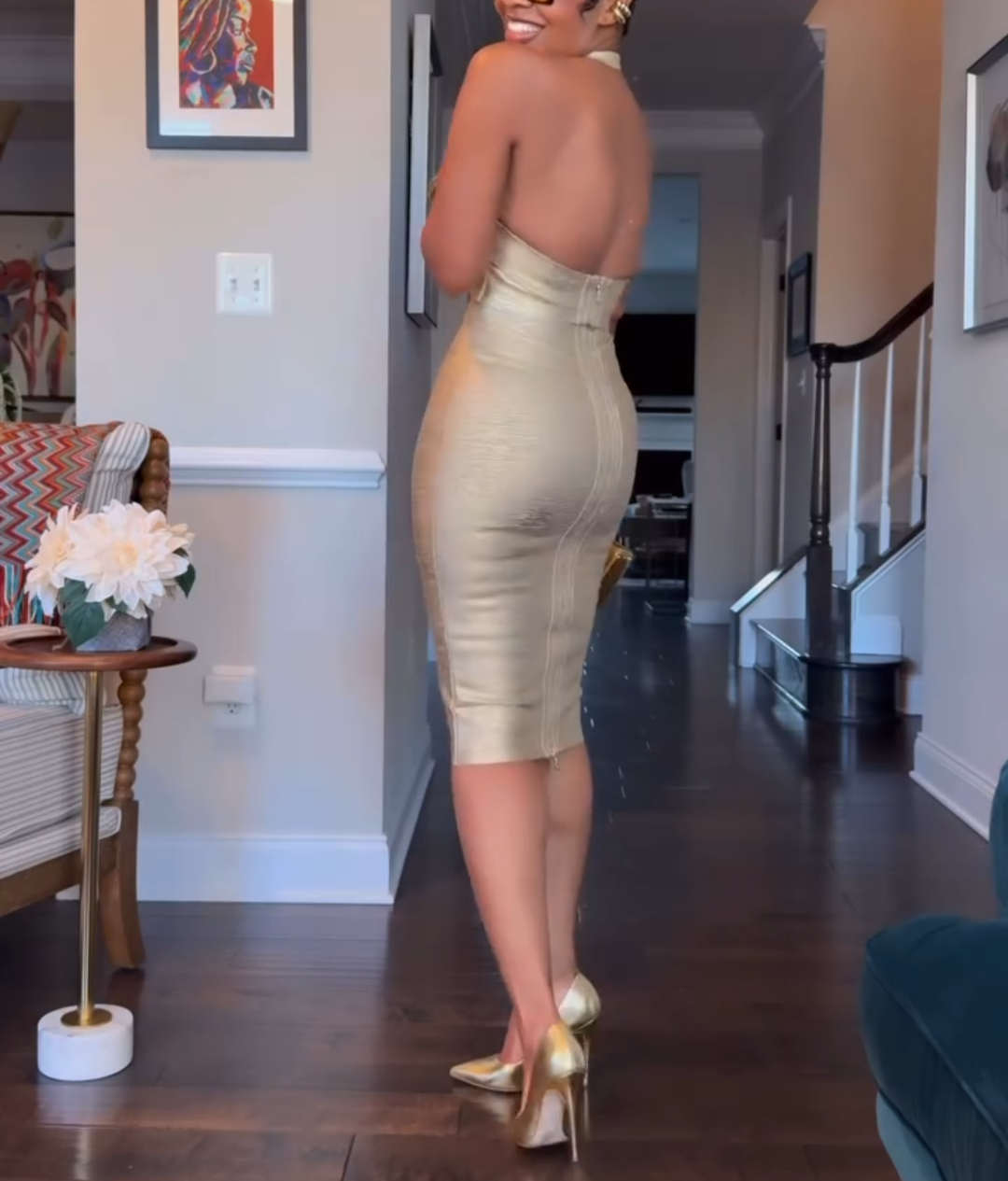 Gold V-neck halter dress