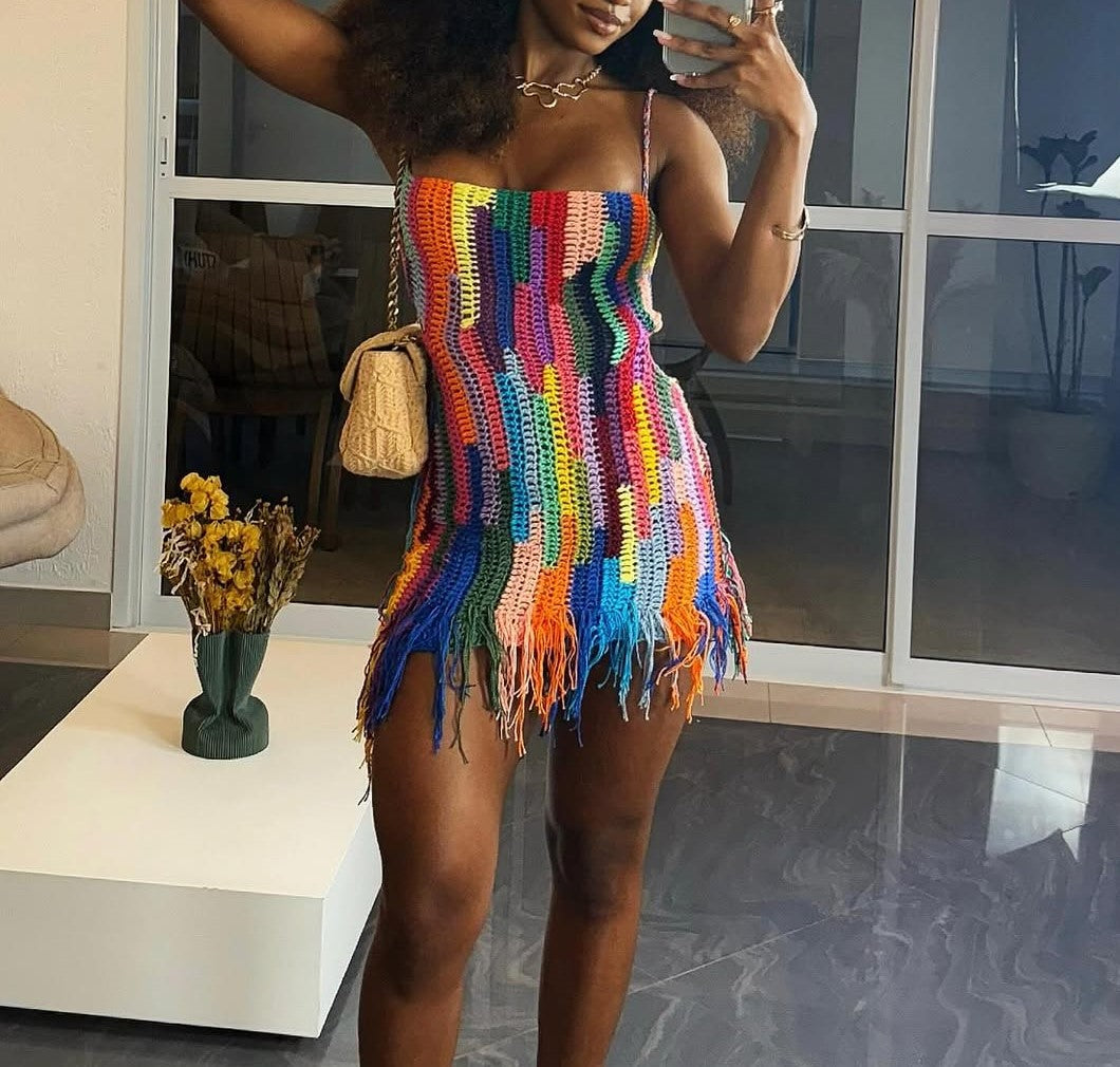 Knitted Strap Rainbow Tassel Mini Dress