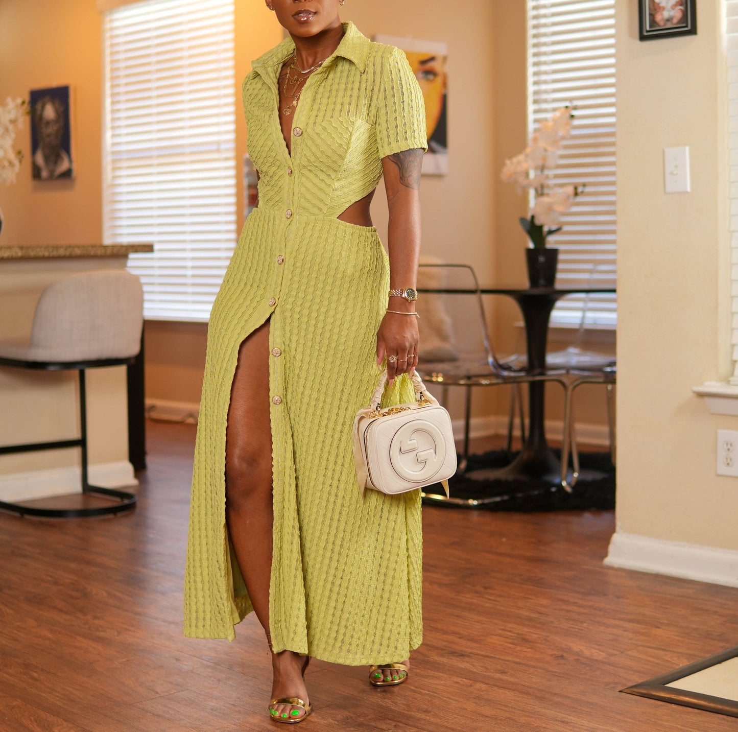 Lapel Slit Button Maxi Dress