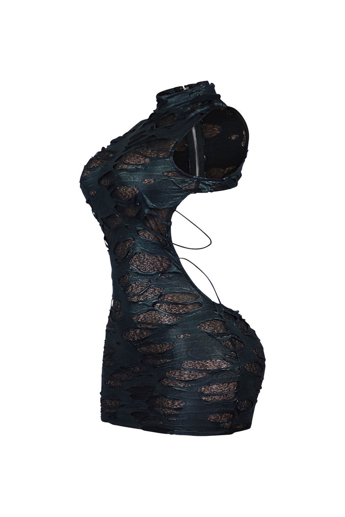 Mesh Mock Neck Textured Mini Dress