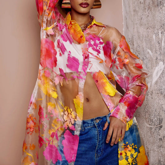 Floral see-through shirt dress