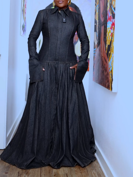 Pleated Flared Denim Maxi Dress