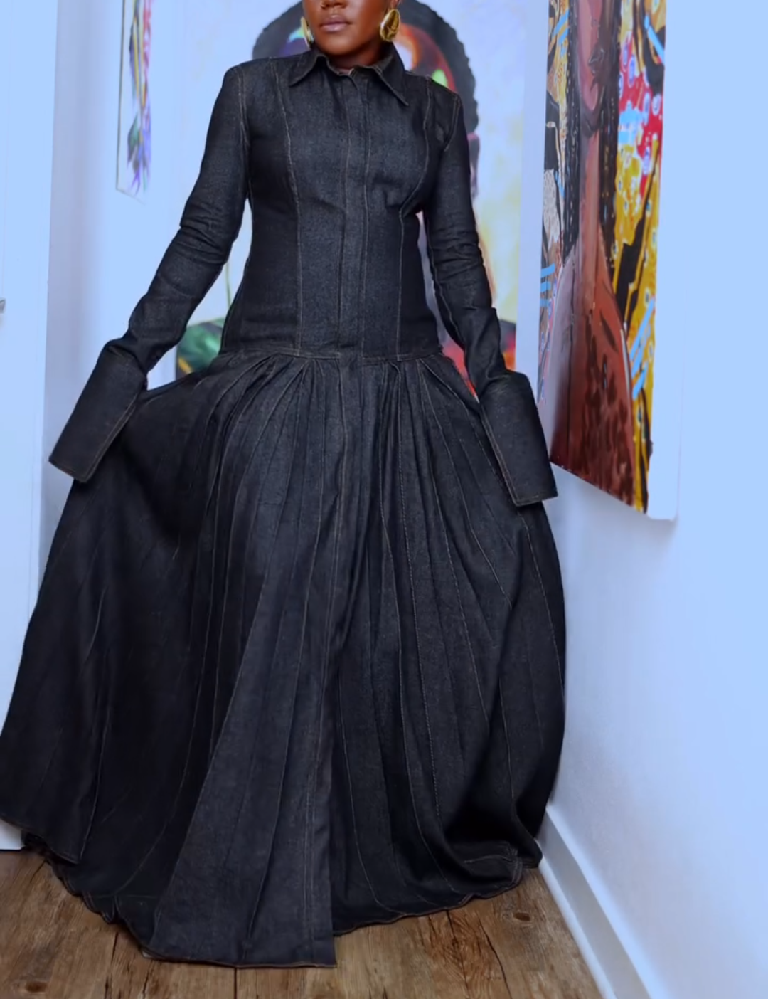 Pleated Flared Denim Maxi Dress