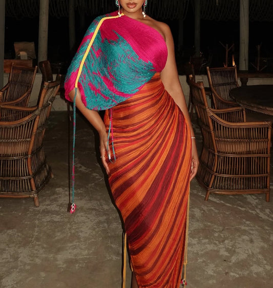 Colorful asymmetric tiger print slit dress