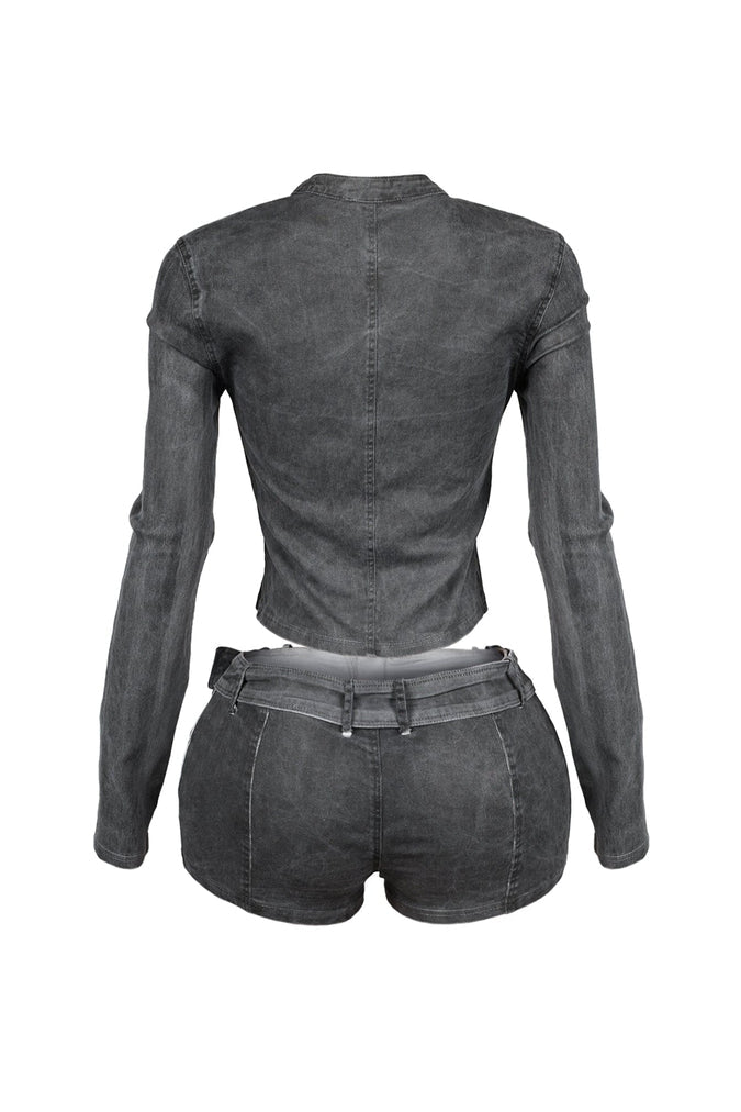 Washed Denim Zip Up Top & Shorts SET