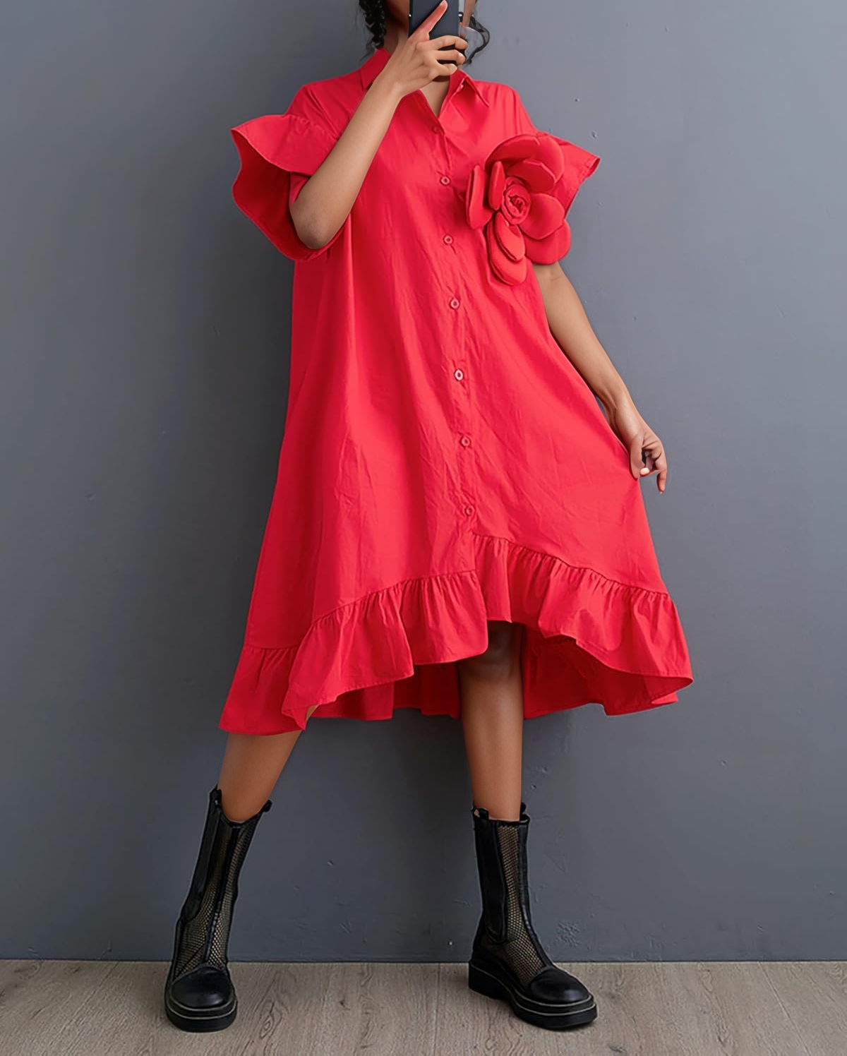 Women's Ruffle Floral V Neck Short Sleeve Shirt Dress