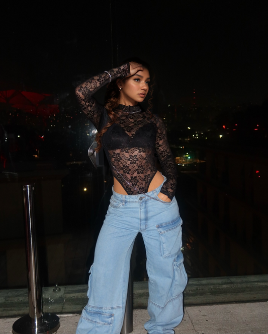 Lace Collar Sheer Long Sleeve Sexy Bodysuit