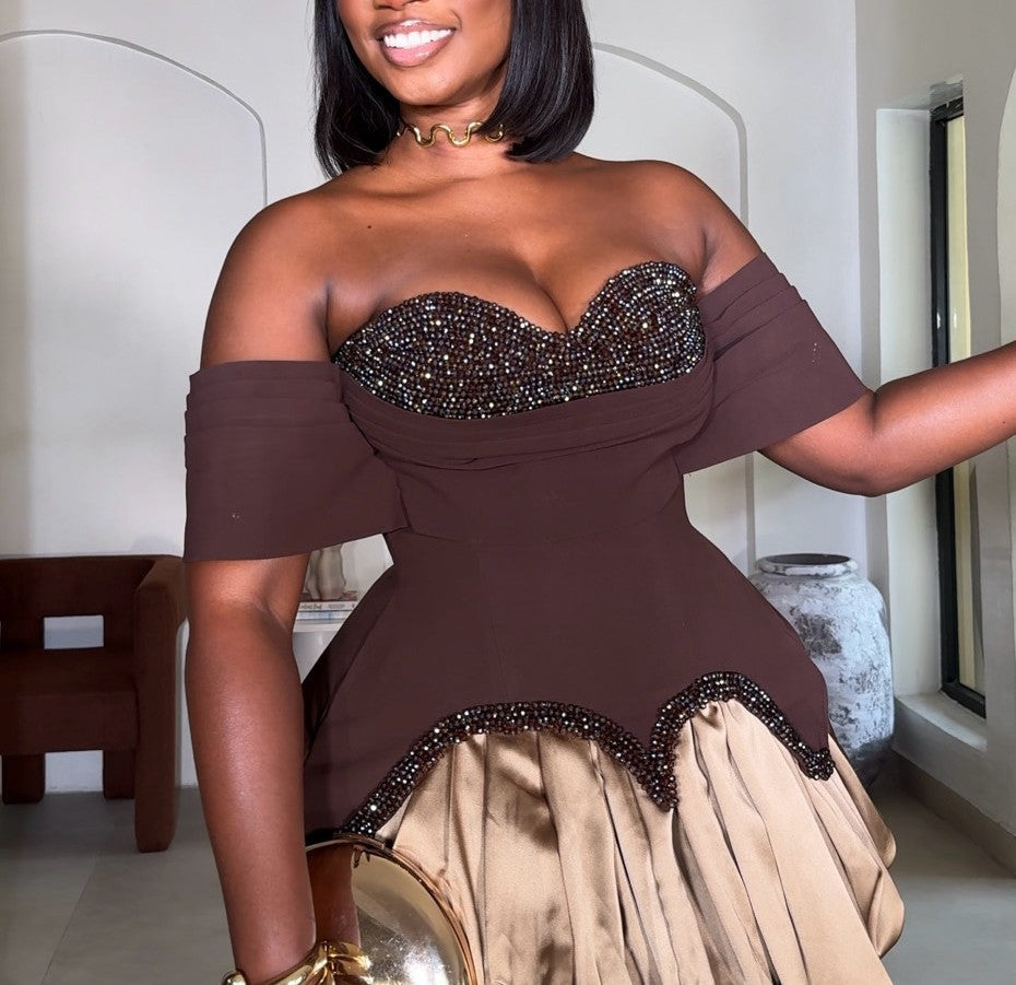 Off-the-shoulder rhinestone pleated mini dress