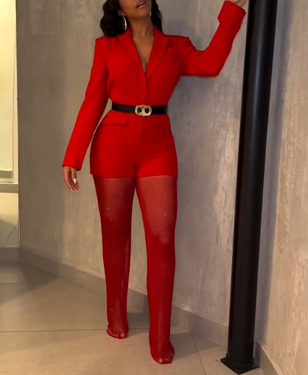 Red Casual Suit Mesh Jumpsuit