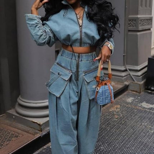 Vintage Denim Suit With Zipper Pocket Design