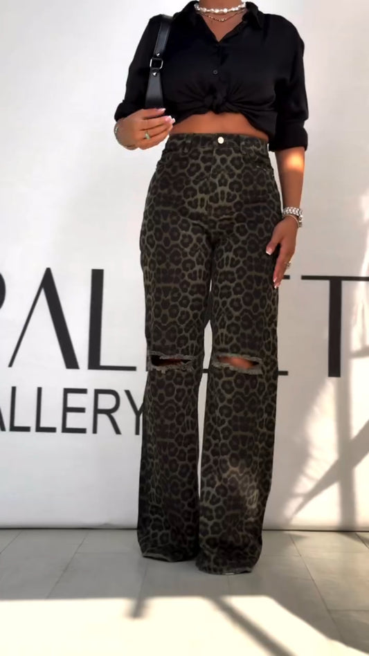 Multicolor Vintage Leopard Print Ripped Jeans