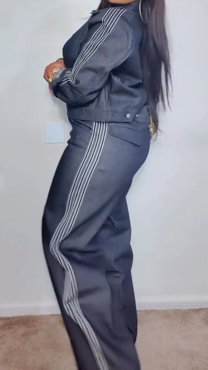 Vintage Denim Suit With Side Stripes
