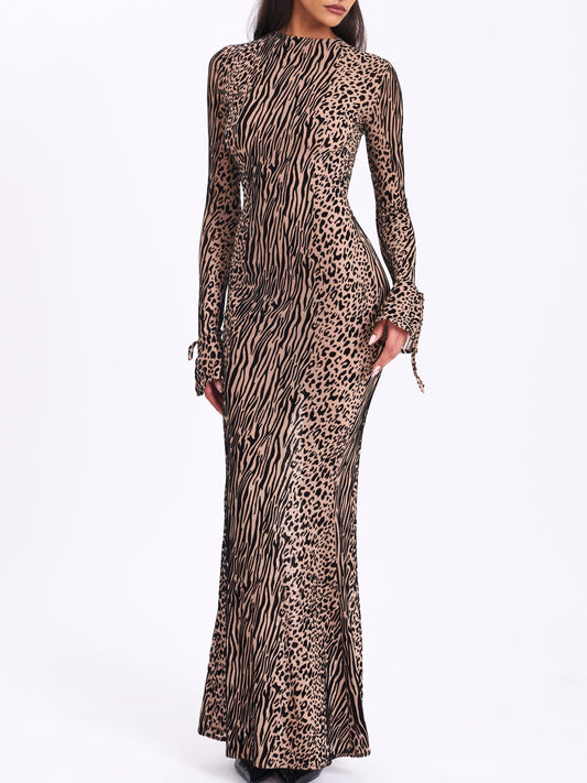 Nude Black Animal Print Burnout Velvet Detail Mesh Backless Maxi Dress