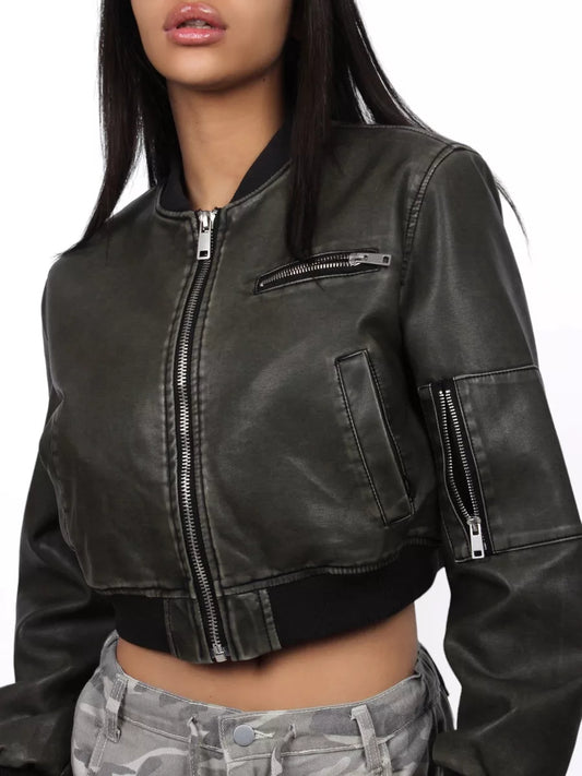 Washed Cropped Leather Bomber Jacket