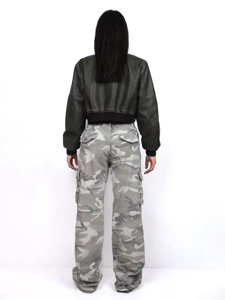 Washed Cropped Leather Bomber Jacket