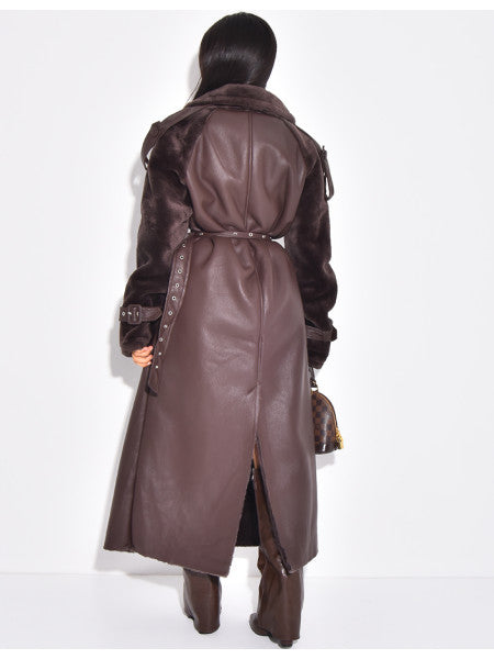 Long Faux Leather Coat With Fur Lining & Contrasting Panels