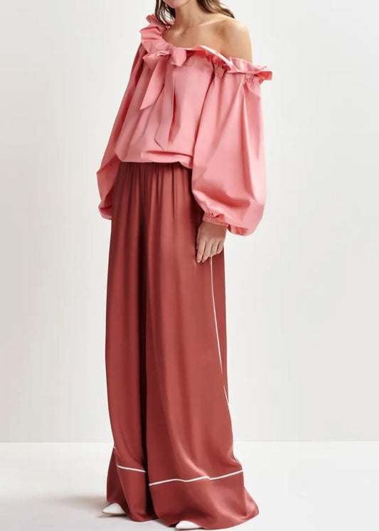 Pink Ruffle Collar Bow Long-sleeved Shirt