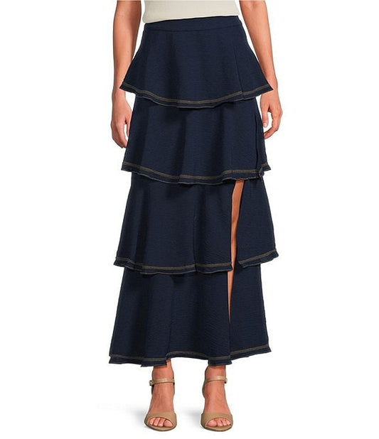 Vintage Denim Long Skirt With Ruffles