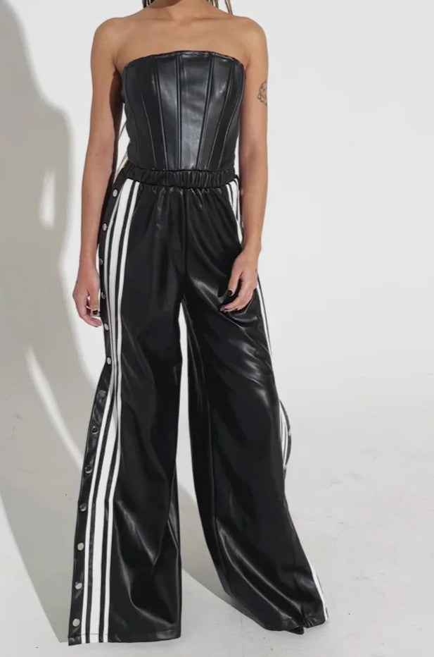 Leather Suit With Striped Buttoned Pants