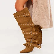 Vegan Suede Stiletto Heel Grommet Strap Knee Fold Over Boots in Tan