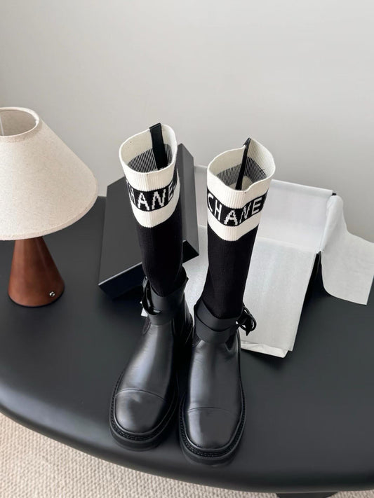 Black And White Technical Knit With Black Calfskin Boot