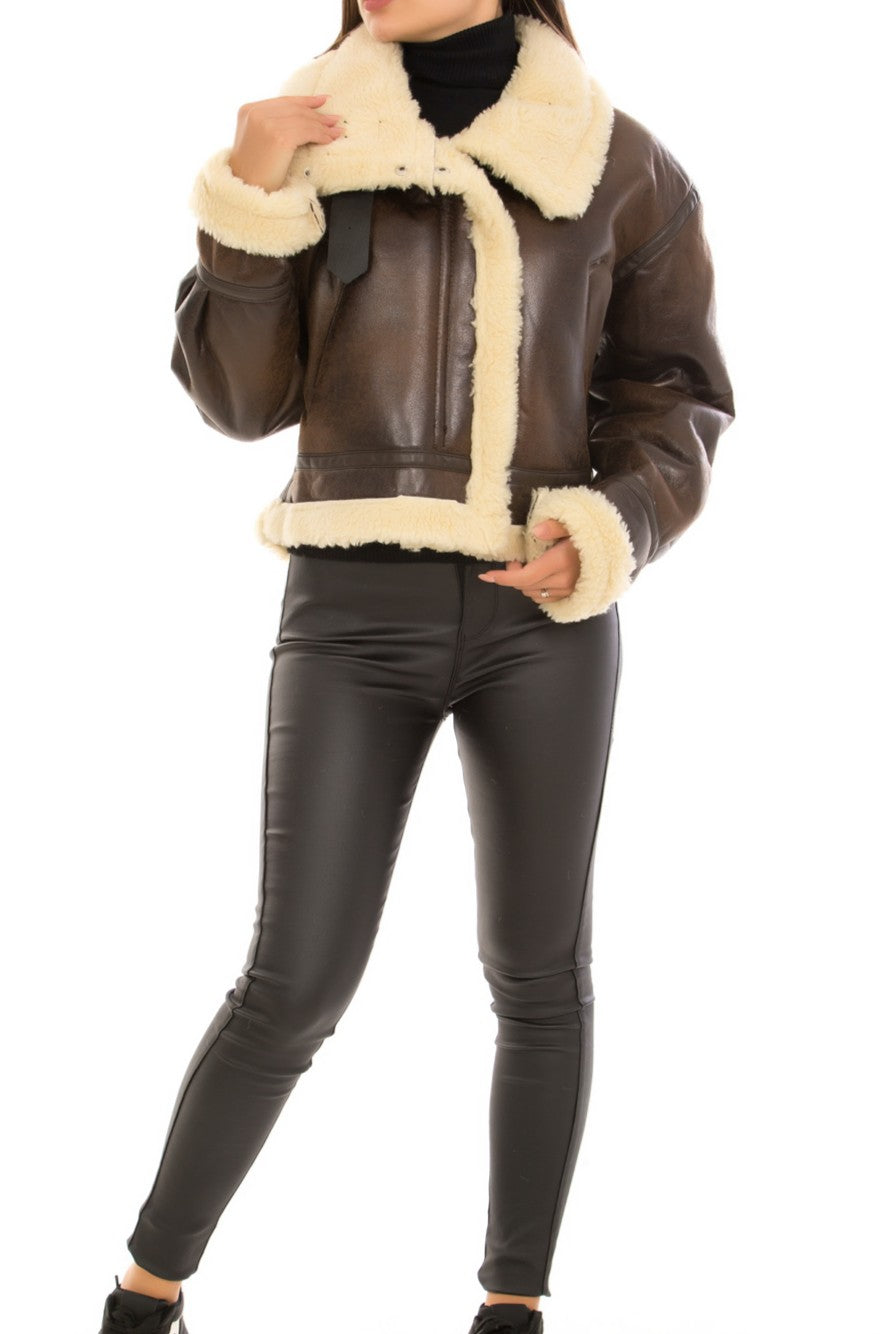 Faux Leather Jacket With Sherpa Detail