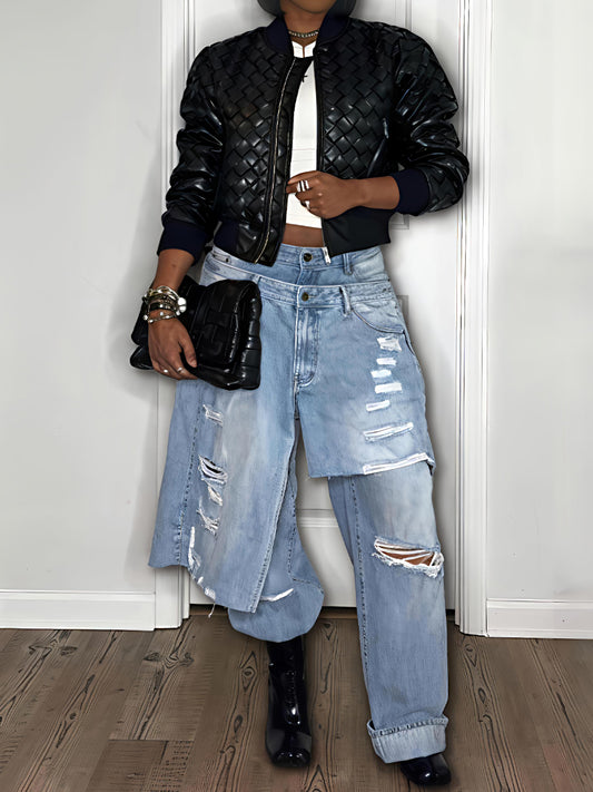 Weave Faux Leather Bomber Jacket