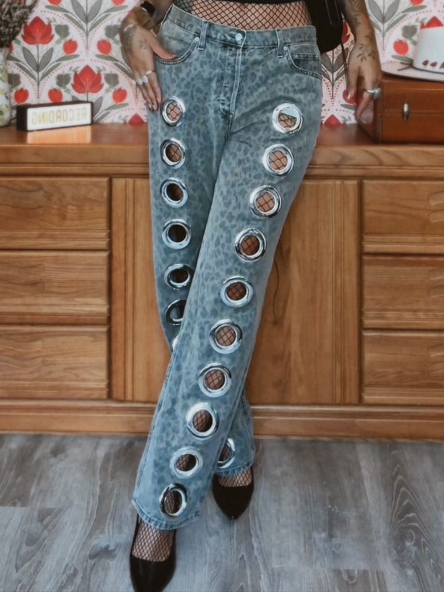 Hollowed Out Leopard Print Trousers