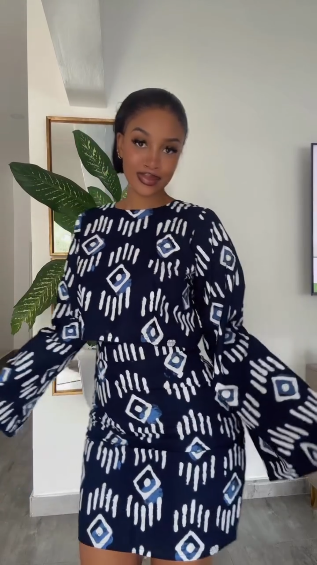 Bell Sleeve Printed Top and Skirt 2-Piece Set