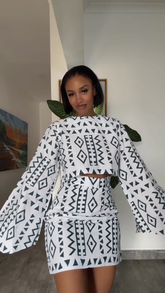 Bell Sleeve Printed Top and Skirt 2-Piece Set