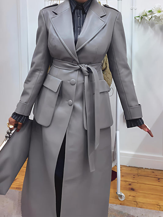 Faux Leather Oversized Front Flap Pockets Trench Coat