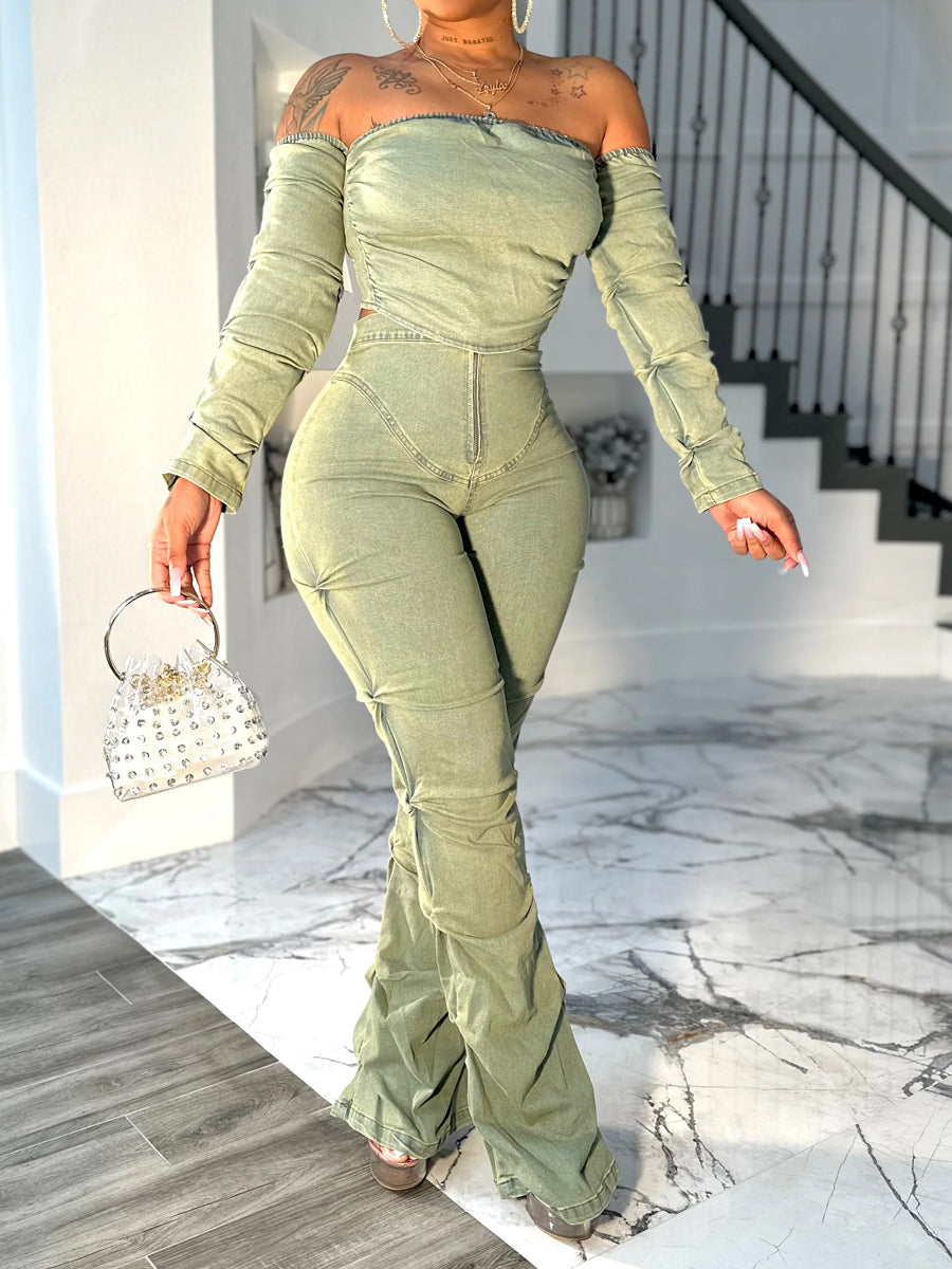 Denim Off Shoulder Two Pieces Set