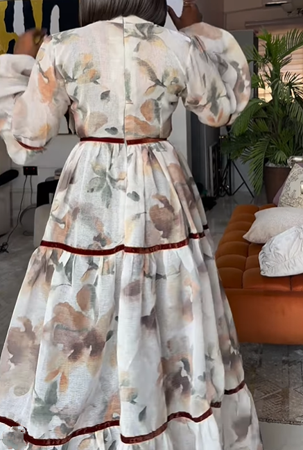 Lantern Sleeve Lace-Up Printed Dress