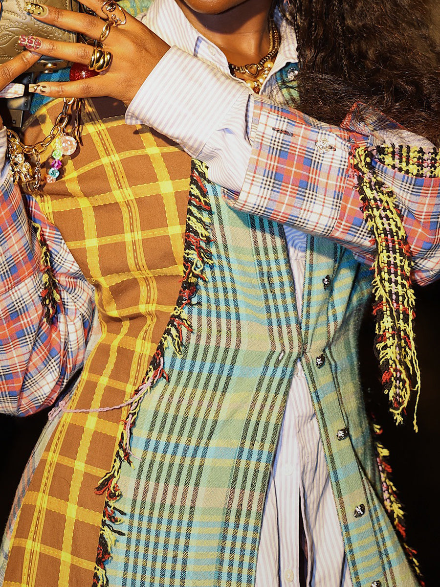 Fringed Check-Print Patchwork Shirtdress