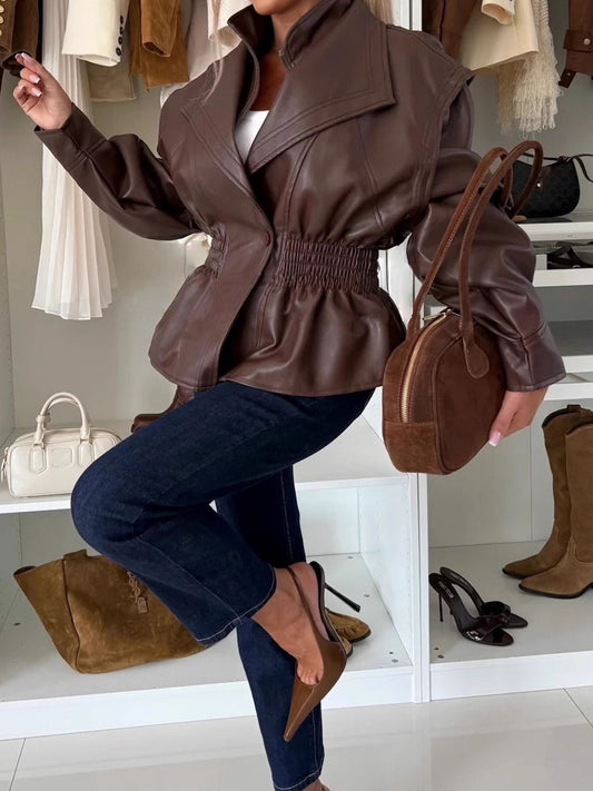 Wide Lapel PU Faux Leather Jacket