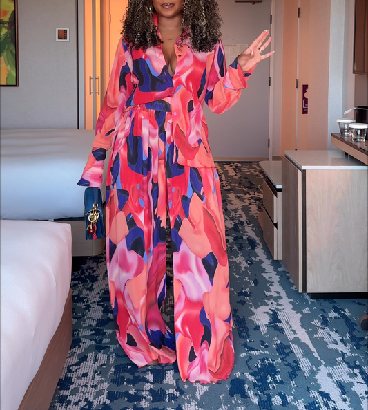 Loose ice silk colored top and pants two-piece set