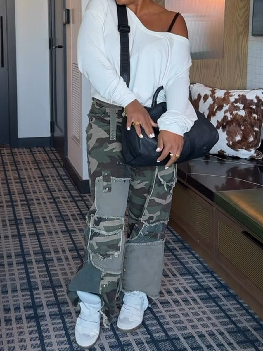 Camouflage Print Patchwork Distressed Trousers