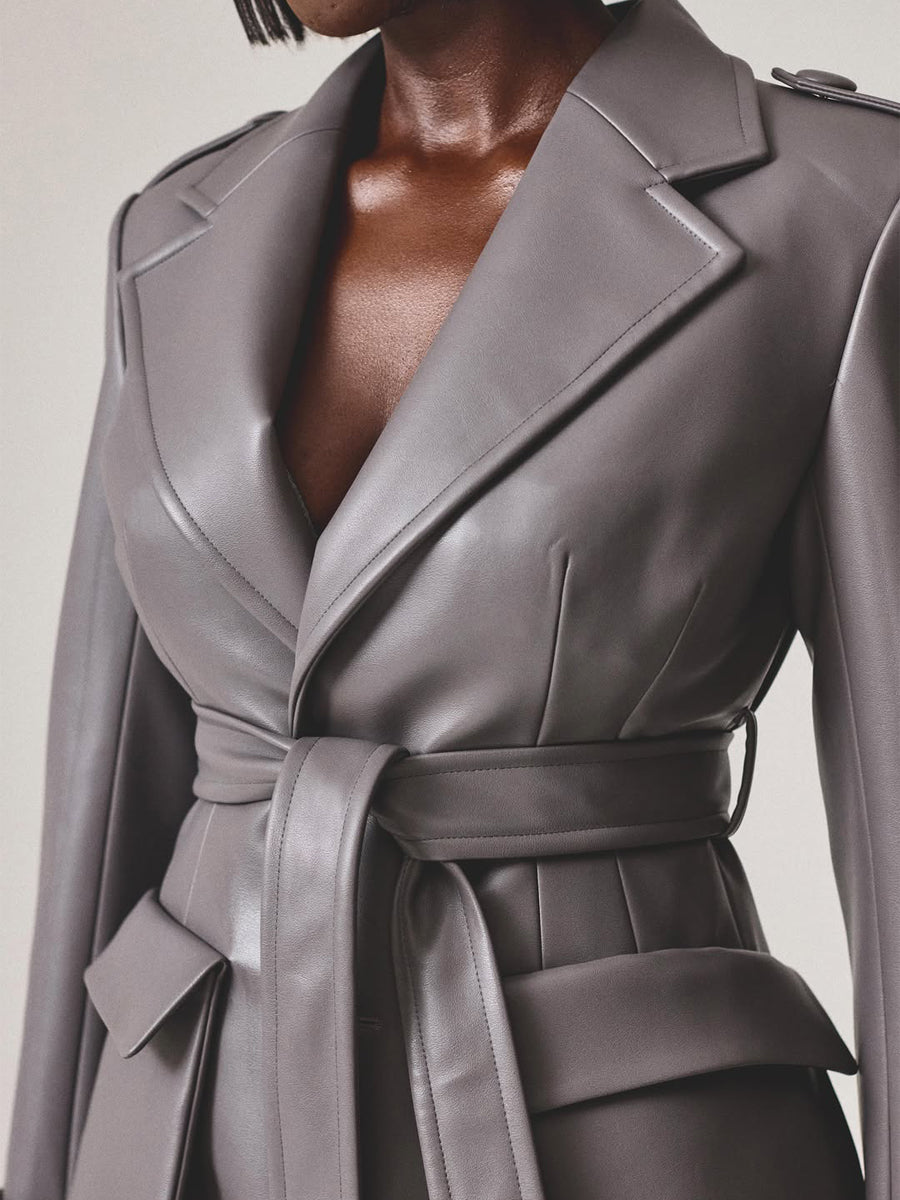 Faux Leather Oversized Front Flap Pockets Trench Coat