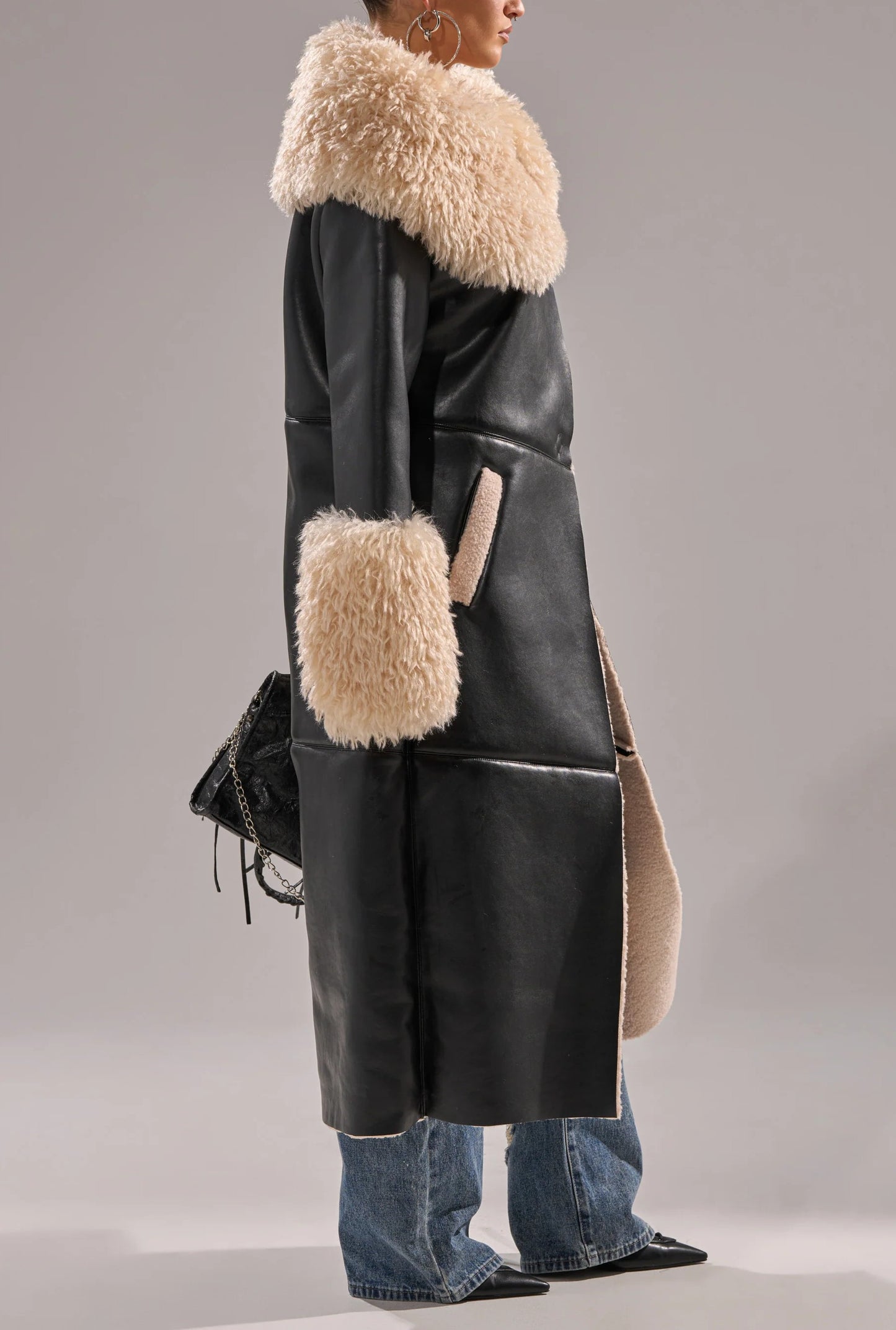 Fuzzy PU Trench Coat With Lambskin Trim