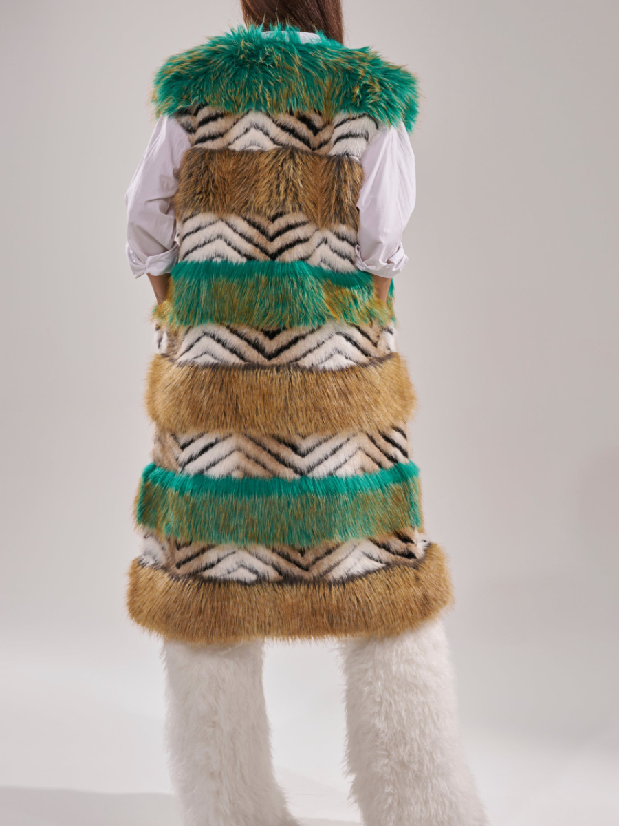 Faux Fur Multicolor Striped Sleeveless Coat（Free shipping）