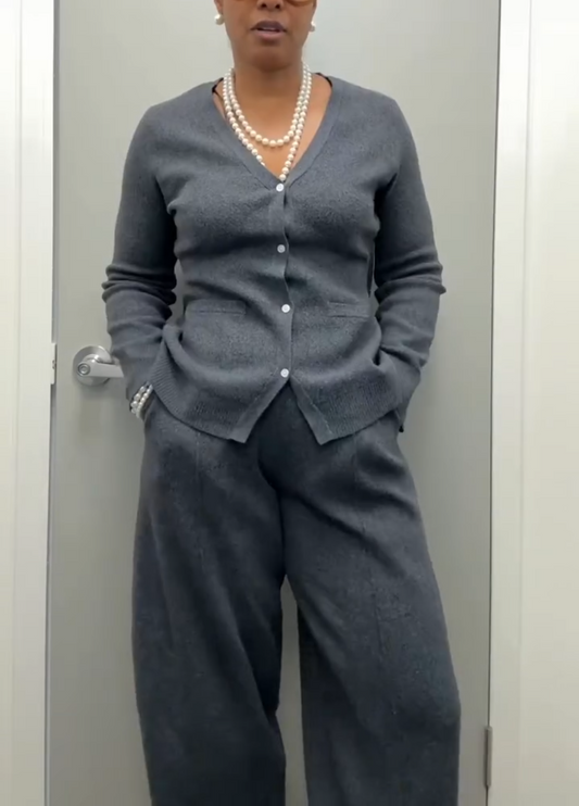 V Neck Cardigan Sweater and Sweater Knit Barrel Pants Set