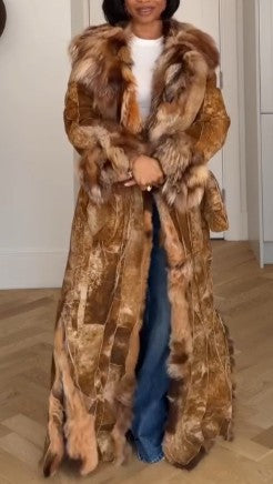 Brown Patchwork Fur Long Coat